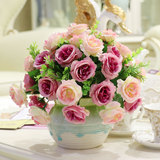 玫瑰花塑料花客厅家居摆件餐桌假花装饰花绢布花艺盆栽仿真花套装