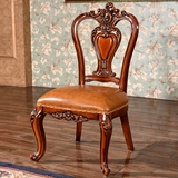 欧式餐椅全橡木框架皮椅餐桌椅组合花梨色双面雕花真皮餐椅酒店椅