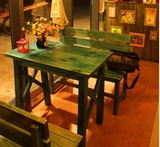 户外庭院咖啡酒吧餐桌椅 组合 奶茶店地中海田园彩色实木长椅方桌