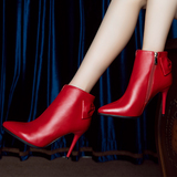2016秋冬女士酒红色短靴女细跟超高跟鞋马丁靴尖头皮靴子真皮新款
