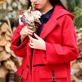 冬装新款红色休闲连帽中长款毛呢大衣女 学院风宽松呢子外套