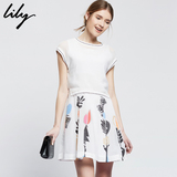 Lily2016夏新款女装欧美复古修身短袖植物印花连衣裙115220J7186