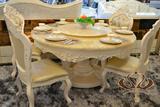 欧式圆桌 实木雕花象牙白餐桌椅组合 天然大理石圆餐桌 法式餐桌