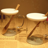 创意清新可爱物语透明玻璃水杯 男女带盖木勺家用牛奶咖啡茶杯子