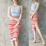 韩国代购正品条纹两件套裙连衣裙女夏中长款紧身针织包臀裙套装裙