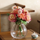 玫瑰桌花巴洛克玻璃花瓶田园花艺摆件客厅家居装饰品假花仿真套装