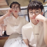 韩国情侣装衬衣2016夏装新款韩版字母刺绣修身衬衫女大码学生短袖