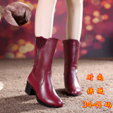 2015新款秋冬棉靴子中筒靴真皮靴中跟马靴粗跟短中靴加绒保暖女靴