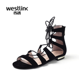 Westlink西遇时尚女鞋2016夏季新款罗马凉鞋女夏真皮交叉绑带低跟