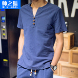 男士短袖T恤 v领纯色体恤亚麻棉麻潮夏季日系宽松韩版半袖上衣服