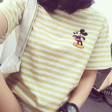 韩版女装夏新款原宿风BF可爱大码显瘦条纹刺绣米奇学生短袖女T恤