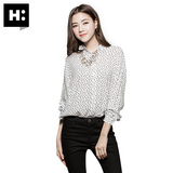 H:CONNECT韩版潮 女装休闲百搭雪纺衬衫 时尚波点印花长袖上衣