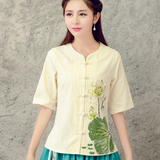 中国风女装 夏装文艺范民族风棉麻盘扣手绘中式唐装开衫 短袖上衣