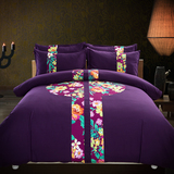 民族风拼接条纹紫色简约磨毛纯色四件套1.8m床单被套床上用品