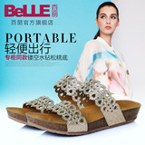 百丽夏季新款专柜同款亮片布女鞋平底凉拖鞋坡跟凉拖BCJ33BT5