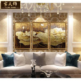 现代东南亚风格泰式客厅装饰画三联纯手绘金箔画组合立体油画挂画