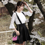 夏季新款韩版显瘦喇叭袖上衣搭配两件套装学院风蕾丝背带连衣裙女