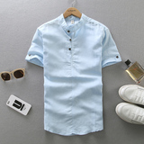 夏季亚麻短袖白t恤男士立领纯色棉麻布衬衣韩版宽松大码潮男T恤衫