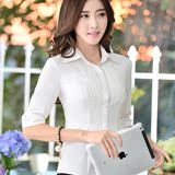 2015夏装新款韩版修身女装白色翻领中长款雪纺衬衫女士七分袖衬衣