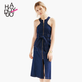 Haoduoyi2016夏新款 欧美性感工字背系带收腰牛仔裙 开衩连衣裙