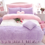 韩版山羊羔绒四件套床上用品加厚纯色双拼珊瑚长毛绒冬季保暖被套