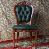 绿色皮拉扣椅子欧式餐椅实木椅子美式皮拉扣餐椅复古做旧真皮椅