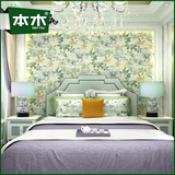 本木墙纸卧室温馨田园床头沙发背景墙壁纸绿色3D立体个性现代简约