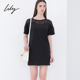 Lily2015夏新款女装修身纯色透视拼接短袖连衣裙115240B7604