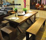 美式复古实木餐桌椅组合长方形咖啡长桌复古餐桌6人办公桌工作台