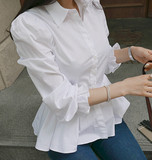 2016春秋泡泡袖白色显瘦衬衫女 长袖修身裙摆高腰打底衬衣上衣棉