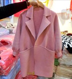 韩国代购2016春中长款纯色灯笼袖加厚羊绒毛衣外套针织开衫大衣女
