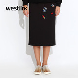 Westlink/西遇春秋款新款长裙裙包臀开衩半身中长黑裙印花女装