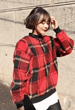 现货秋冬韩国港风街头高领撞色红黑格子女装BF风宽松长袖套头卫衣
