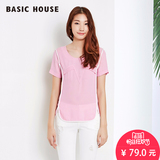 Basic House百家好夏韩版显瘦蕾丝拼接圆领短袖衬衫HNBL323A