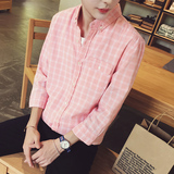 夏季小清新韩版衬衫男格子七分袖衬衣薄防晒外套大码男上衣学生服