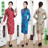 2016春秋女装中式复古日常亚麻长旗袍 新款修身印花气质长款长袖