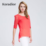 Koradior/珂莱蒂尔正品夏季韩版圆领纯色时尚修身显瘦薄雪纺衫女