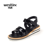Westlink/西遇2016夏季新款 圆头中跟厚底坡跟魔术贴露趾女凉鞋