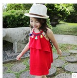 韩国代购童装亲子装 夏装2016新款 流苏女童连衣裙吊带儿童公主裙