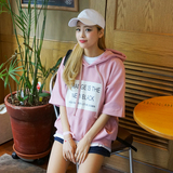 夏装新款韩国ulzzang学院风字母印花短袖套头连帽休闲卫衣T恤 女
