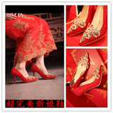 水钻婚鞋红色高跟水晶中式秀禾服红鞋中跟尖头新娘鞋龙凤绣花单鞋