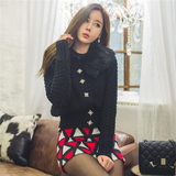 韩国女装正品代购2015冬装新款小香风兔毛领修身短款毛衣开衫外套