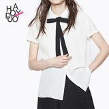 Haoduoyi2016夏季女装新款  甜美学院风简洁蝴蝶结系带白色衬衫女