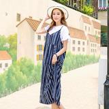 韩国代购2016JUL新夏季女装大码短袖T恤条纹吊带连衣裙长裙两件套