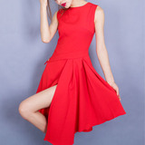 2016夏季新款时尚韩版无袖背心优雅百褶不规则开叉红色连衣裙