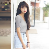 LRUD2016夏季韩版新款简约V领短袖打底衫女纯色修身薄款针织T恤