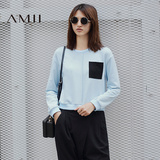 Amii[极简主义]2016秋季新款圆领套头拼接口袋短款大码休闲卫衣女