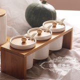 外贸出口 日式纯白色陶瓷调味罐三件套装 宜家简约厨房用具木架