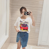 韩版夏装新款宽松印花V领短袖T恤女学生 韩国百搭显瘦白色上衣潮