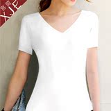 夏体恤纯棉t恤女短袖白色显瘦小衫打底衫纯色黑色V领修身半袖韩版